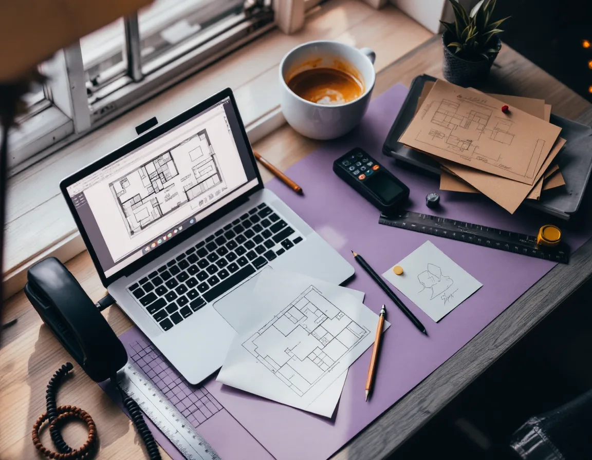 Studio desk with a laptop showing a CAD floor plan, scale ruler, pencil and a pinned hand sketch